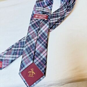 Original Penguin Handmade 100% Silk‎ Skinny Tie Men's Navy Blue White Pink Plaid